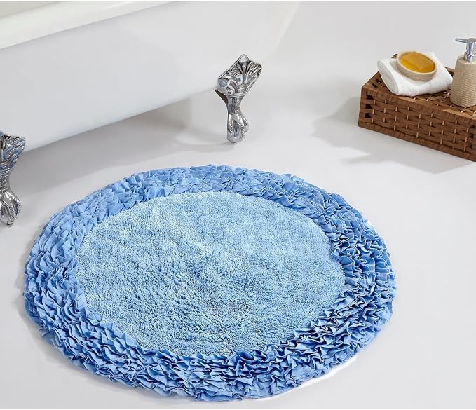 Better Trends Premium Bathroom 30” Round Mat 100% Cotton, Water Absorbent Non-Slip Backing, Machine Washable for Bathroom, Tub, and Shower Use, Blue Shaggy Border Collection
