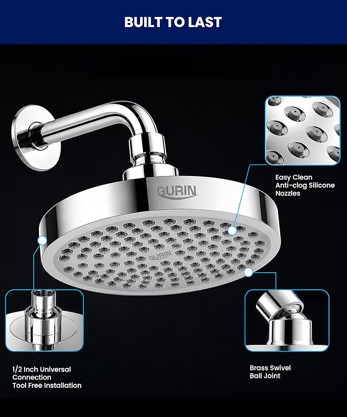 GURIN Shower Head - Luxury Polished Chrome Finish - Rain Showerhead 6 Inch | High Pressure Shower Heads with Adjustable Angles, 90 Anti-Clog Nozzles, Tool-Free 1-Min Install