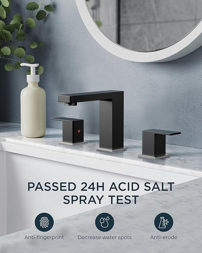 FORIOUS 3 Piece Brushed Nickel and Black Bathroom Sink Faucets 3 Hole, 2 Handle Lead-Free Square 8 Inch Bathroom Faucet Widespread for Vanity Sink with Metal Drain and 24 Inch Supply Lines