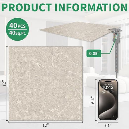 40 Pack Cover 40 Sq.Ft Peel and Stick Floor Tiles, 12” x 12” Self Adhesive Vinyl Flooring Easy DIY Installation for Kitchen, Living Room, Laundry, RV, Beige Stone
