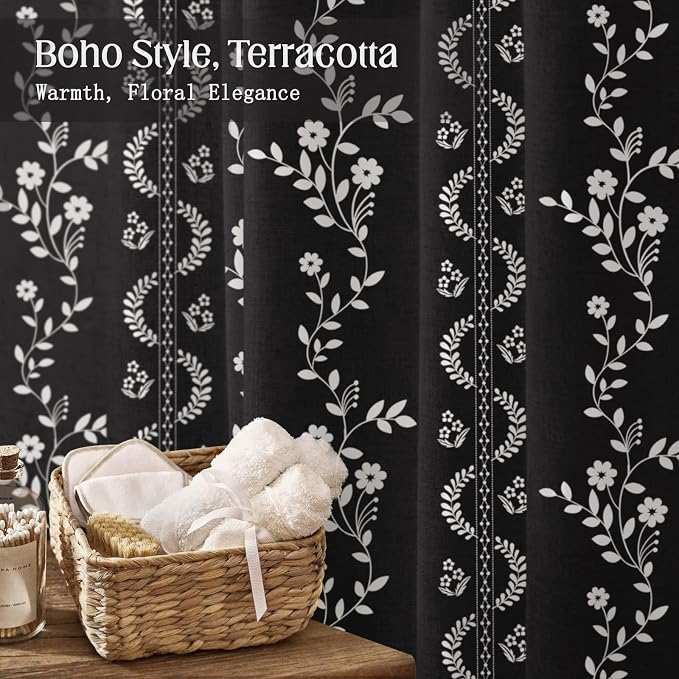 Boho Black Vintage Shower Curtain with Tassels 72 x 72 Inch | Bohemian Floral Linen Fabric Pattern Curtain Curtain For Bathroom