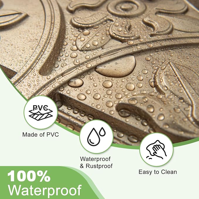 Art3d Fancy Classic Style Drop Ceiling Tiles, 2 x 2 ft, Antique Gold | PVC, Lightweight, Waterproof, Easy to Wipe Clean, Compatible with Grid System, Suitable for Kitchen, Bathroom, Basement
