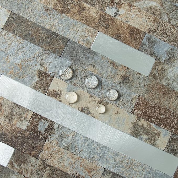 AULIGET 2 Sheets Beige & Brown Slate Peel and Stick Backsplash, PVC Mixed Metal Silver Wall Tile Stick on Backsplash for Kitchen and Bathroom
