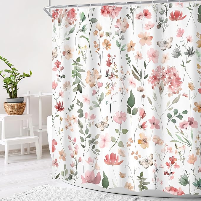 Pink Blush Coral Flower Floral Wildflower Leaf Bathroom Shower Curtain Set | 60"W x 72"H Leaves Butterfly; waterproof HD print, quick-dry fabric and plastic hooks for easy setup.