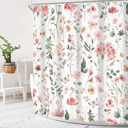 Pink Blush Coral Flower Floral Wildflower Leaf Bathroom Shower Curtain Set | 60"W x 72"H Leaves Butterfly; waterproof HD print, quick-dry fabric and plastic hooks for easy setup.