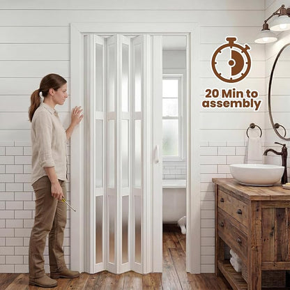 SmartStandard 48" x 80" Accordion Doors with Frosted Acrylic Glass, White | Save Space, Full-Side Magnetic Strip, Double-Layer PVC Accordion Doors Interior for Doorway Closet, Easy to Assemble