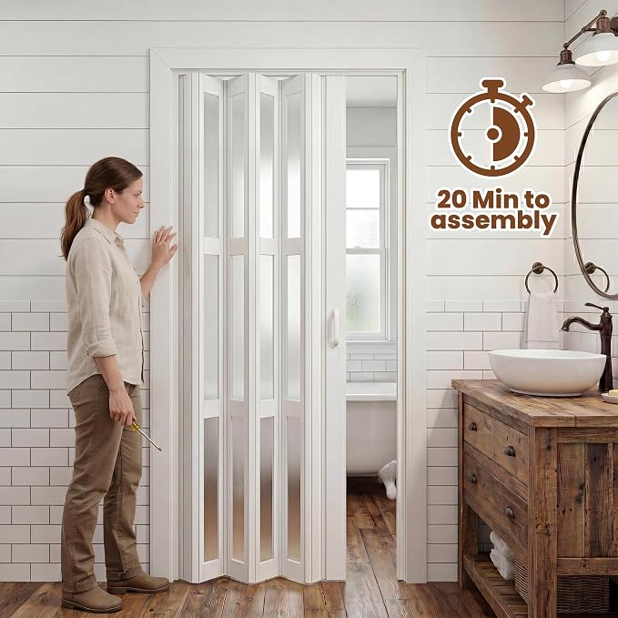 SmartStandard 42" x 80" Accordion Doors with Frosted Acrylic Glass, White | Save Space, Full-Side Magnetic Strip, Double-Layer PVC Accordion Doors Interior for Doorway Closet, Easy to Assemble