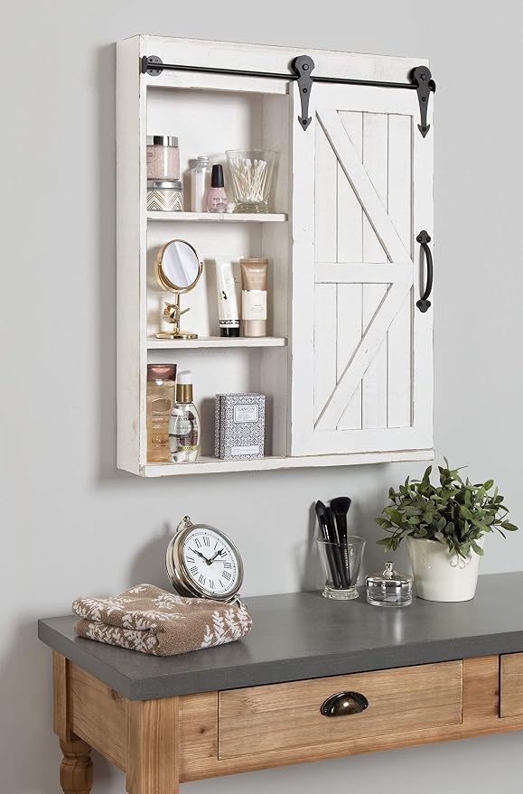 Kate and Laurel Cates Decorative Wood Wall Storage Cabinet with Rectangle Mirror and Sliding Barn Door, 22 x 28, Rustic White, Farmhouse Decor for Wall Storage