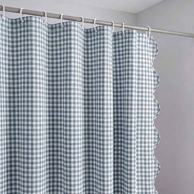 HunnmingRe Scalloped Gingham Shower Curtain Dust Blue | 72'' x 72'' Vintage Farmhouse Curtain, Cotton Cottage Core Rural Checkered Plaid Decor, Fall Shower Curtain for Bathroom