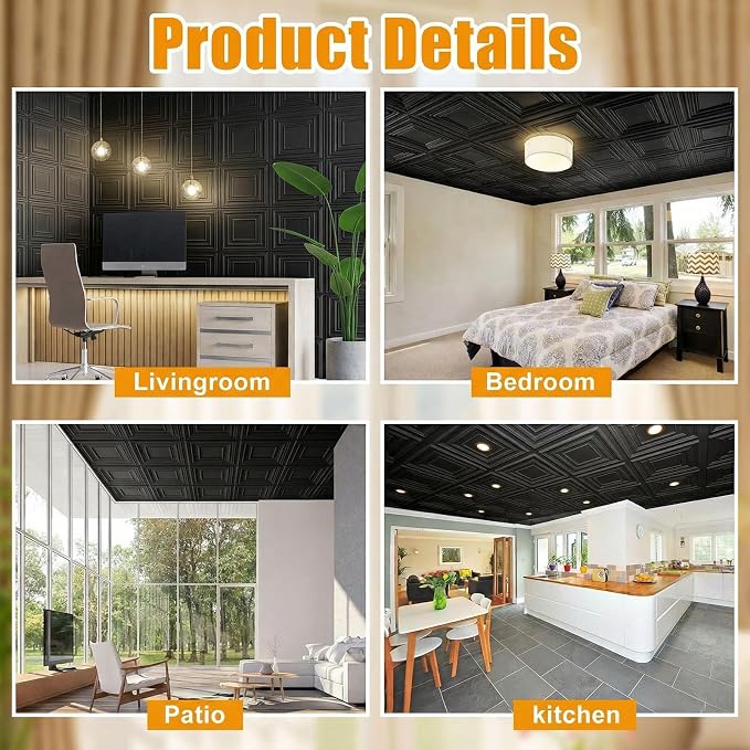 Nuanchu 60 Pcs Drop Ceiling Tiles 12x12 Inch, Glue up PVC Wall Panels,Black | Cuttable, Paintable, DIY, Waterproof, 3D Decorative Ceiling Panels for Bathroom Kitchen TV Background Living Room