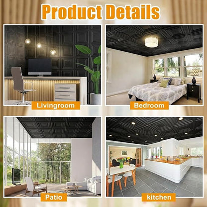 Nuanchu 60 Pcs Drop Ceiling Tiles 12x12 Inch, Glue up PVC Wall Panels,Black | Cuttable, Paintable, DIY, Waterproof, 3D Decorative Ceiling Panels for Bathroom Kitchen TV Background Living Room