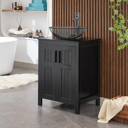 UEV Black 24" Bathroom Vanity with Sink Combo,Modern Vanity with Vessel Sink,Stylish Bathroom Vanity Cabinet,Grooved Doors & Metal Handles,Modern Glass Round Bowl Tempered Glass Vessel Sink(A16)