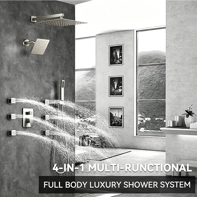 Shower System Brushed Nickel Dual Shower Head with Body Jets, Oupukle Four Modes Shower Faucet Set Wall Mounted 12" & 6" Rain Shower Head with 6PCS Body Jets