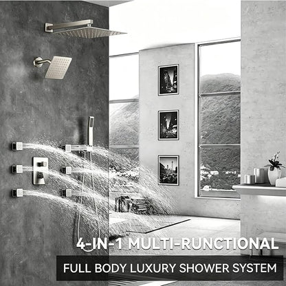 Shower System Brushed Nickel Dual Shower Head with Body Jets, Oupukle Four Modes Shower Faucet Set Wall Mounted 12" & 6" Rain Shower Head with 6PCS Body Jets