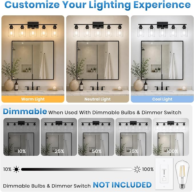 Ascher 5 Light Bathroom Light Fixture, Matte Black Bathroom Lighting Fixtures Over Mirror, Vanity Light with Clear Glass Shade, Wall Sconce for Living Room Bedroom Cabinet, E26 Base