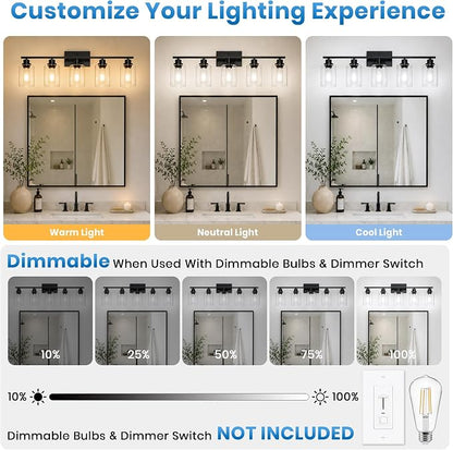 Ascher 5 Light Bathroom Light Fixture, Matte Black Bathroom Lighting Fixtures Over Mirror, Vanity Light with Clear Glass Shade, Wall Sconce for Living Room Bedroom Cabinet, E26 Base