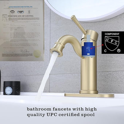 Bropury Hot and Cold Mixed Water Bathroom Sink Faucet, Single Handle 1 or 3 Hole Stainless Steel Vanity Faucet for Bathroom Sink (Contemporary, Brushed Gold)