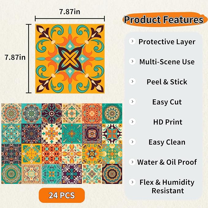 24 PCS Peel and Stick PVC Tile Stickers Waterproof Removable | for Kitchen Bathroom Backsplash, Waterproof Self-Adhesive Removable Decals, Easy DIY Decor, Smooth Surfaces, 7.87x7.87in