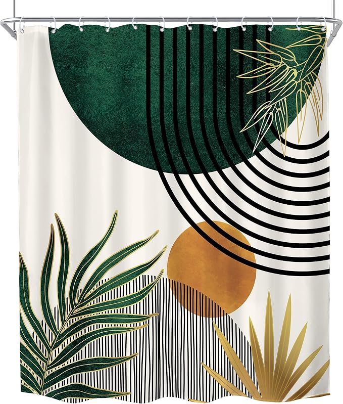 KOMLLEX Mid Century Green Boho Abstract Modern Bathroom Shower Curtain Set | 72Wx78L Plant Botanical design, waterproof HD print with fast-drying fabric and 12 hooks.