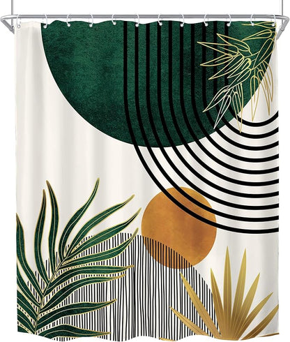 KOMLLEX Mid Century Green Boho Abstract Modern Bathroom Shower Curtain Set | 72Wx78L Plant Botanical design, waterproof HD print with fast-drying fabric and 12 hooks.