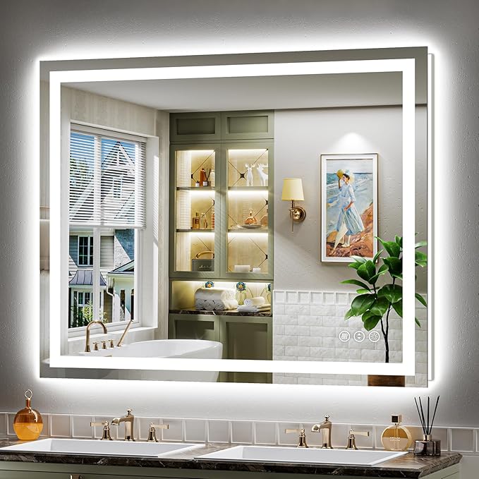 48x38 Inch LED Bathroom Mirror with Lights, Backlit & Front Lit, Anti-Fog Lighted Bathroom Vanity Mirror for Wall, Memory Function, Dimmable, HD Tempered Glass, Shatter-Proof