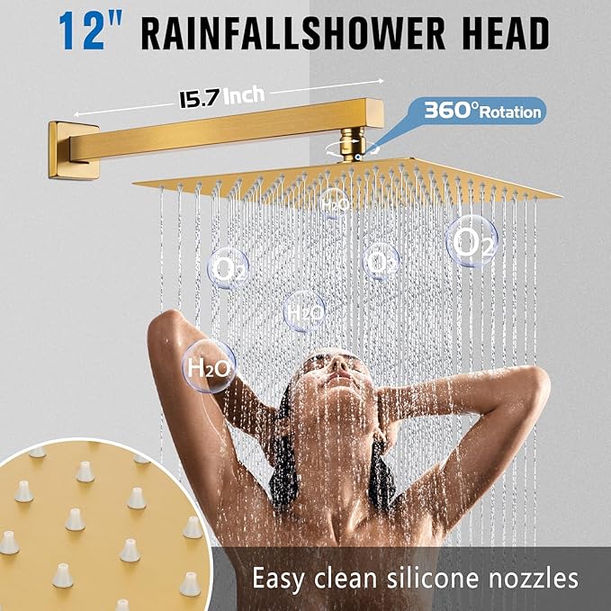 12 Inch Rainfall Shower System with Tub Spout Wall Mounted Complete Combo with Solid Brass Pressure Balancing Valve, High Pressure Shower Head, Handle Set & Installation Accessories