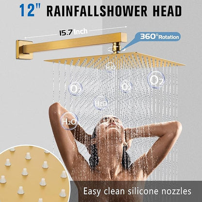 12 Inch Rainfall Shower System with Tub Spout Wall Mounted Complete Combo with Solid Brass Pressure Balancing Valve, High Pressure Shower Head, Handle Set & Installation Accessories