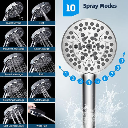 Hibbent All Metal CUPC Certified Shower Head, 8'' High Pressure Rainfall Shower Head, Handheld Showerhead Combo, 12'' Adjustable Extension Arm, 10 Sprays, 71'' Shower Hose, Showerhead Holder, Chrome