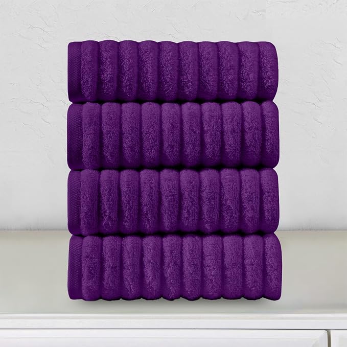 Elegant Comfort Luxury 100% Turkish Cotton Corduroy Ribbed 4 Pack Hand Towel Set 16 x 28 Inch - Absorbent, Super Soft, Quick Dry, Premium Towels for Bathroom, Gym, Spa and Hotel Use, Purple