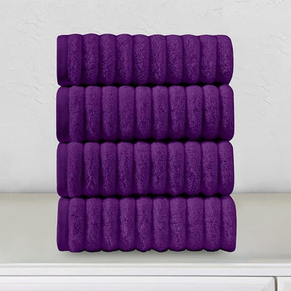Elegant Comfort Luxury 100% Turkish Cotton Corduroy Ribbed 4 Pack Hand Towel Set 16 x 28 Inch - Absorbent, Super Soft, Quick Dry, Premium Towels for Bathroom, Gym, Spa and Hotel Use, Purple