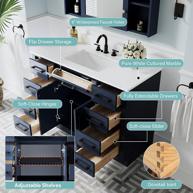 48-Inch Bathroom Vanity with Sink W/ 2 Doors & 8 Drawers & 1 Flip Drawer, Navy Blue Vanity W/Matte Black Handles