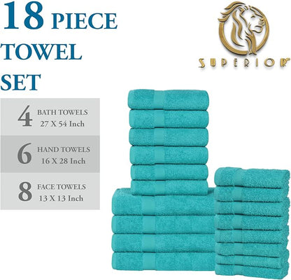 Superior 18-Piece Cotton Assorted Towel Set, Includes 8 Face Towel, 6 Hand, and 4 Bath Towels, Home, Bathroom, Guest Bath Essentials, Quick Dry, Absorbent, Franklin Collection - Turquoise