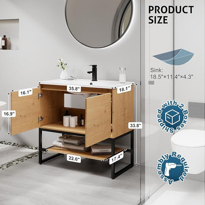 LUCKWIND 36" Modern Bathroom Vanity with Single White Sink Combo, Freestanding Storage Cabinet with Metal Frame, Matte Black Faucet and Open Shelf and 2 Soft-Closing Door, Natural