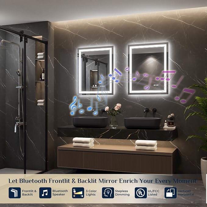 Keonjinn 24" x 30" LED Bathroom Mirror with Lights, Frontlit & Backlit | Bluetooth Speaker, Bluetooth Mirror Bathroom, Dimmable 3-Color Lights, Tempered Glass, Anti-Fog, CRI90+, Plug-in/Hardwired