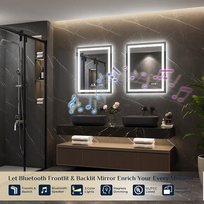 Keonjinn 24" x 30" LED Bathroom Mirror with Lights, Frontlit & Backlit | Bluetooth Speaker, Bluetooth Mirror Bathroom, Dimmable 3-Color Lights, Tempered Glass, Anti-Fog, CRI90+, Plug-in/Hardwired