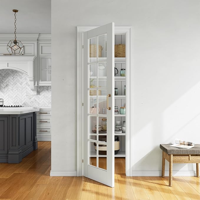 SMARTSTANDARD 24" x 80" Clear Glass French Interior Solid Core Door Slab | 10-Lite Glass Pantry Door for Bathroom Laundry Pocket, Pre-Assembled Panel without Hardware, White Primed