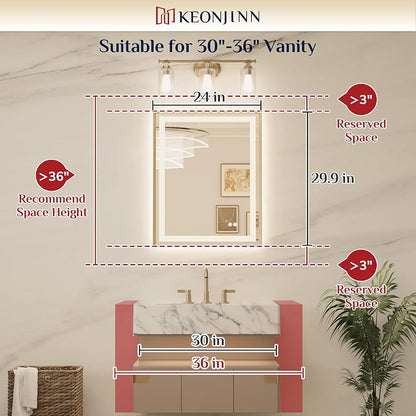 Keonjinn 24x30 Inch Brushed Nickel LED Bathroom Mirror with Lights | Frontlit & Backlit, Lighted Bathroom Mirror, HD Tempered Glass, 3 Color Temperatures, Anti-fog, Stepless Dimmable