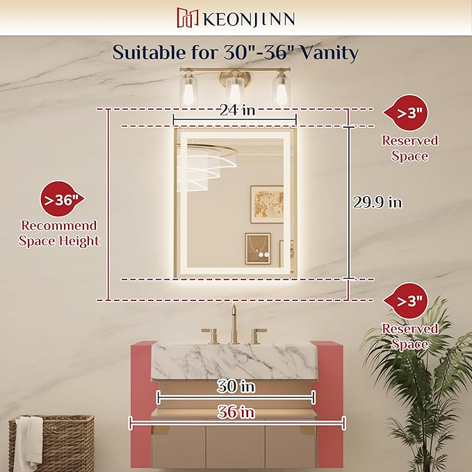 Keonjinn 22x30 Inch Gold LED Bathroom Mirror with Lights, Beveled Edge | Frontlit & Backlit, Lighted Bathroom Mirror, HD Tempered Glass, 3 Color Temperatures, Anti-fog, Stepless Dimmable