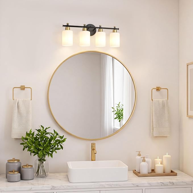 4 Light Bathroom Vanity Light Fixture Over Mirror, Black and Gold, 23'' | Vanity Lights for Bathroom, Bedroom, Living Room, White Frosted Glass Shades, Modern, E26(Bulbs Not Included)