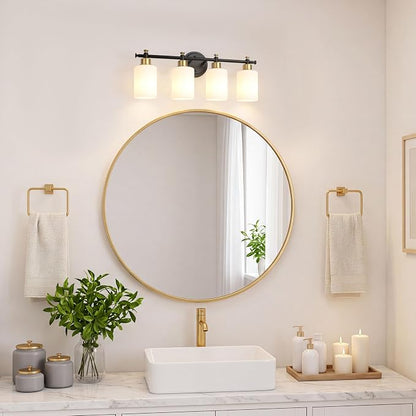 4 Light Bathroom Vanity Light Fixture Over Mirror, Black and Gold, 23'' | Vanity Lights for Bathroom, Bedroom, Living Room, White Frosted Glass Shades, Modern, E26(Bulbs Not Included)