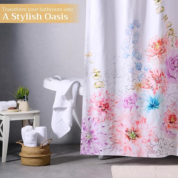 Maison d' Hermine Shower Curtain 100% Cotton One Panel 70"x72" Washable Fabric Shower Curtains for Bathroom, Easy Hanging with 12 Button Holes - Home Hotel Spa Easter Gifts (Floral - White)