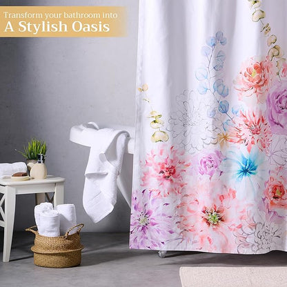 Maison d' Hermine Shower Curtain 100% Cotton One Panel 70"x72" Washable Fabric Shower Curtains for Bathroom, Easy Hanging with 12 Button Holes - Home Hotel Spa Easter Gifts (Floral - White)