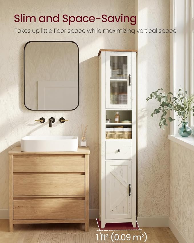 VASAGLE LIRY Collection -Tall Bathroom Cabinet, Farmhouse Freestanding Storage Cupboard with Drawer and Doors, Narrow Space Saver, 13 x 12.4 x 67.3 inch,Rustic White and Honey Brown, UBBK660W101S