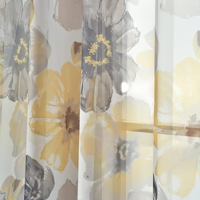Lush Decor Leah Floral Sheer Window Curtain Panels Pair 52"W x 84"L Yellow & Gray - Floral Curtains for Bedroom - Sheer Curtains for Living Room