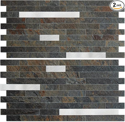 AULIGET 2 Sheets Rust Slate Peel and Stick Backsplash, PVC Mixed Metal Silver Wall Tile Stick on Backsplash for Kitchen and Bathroom