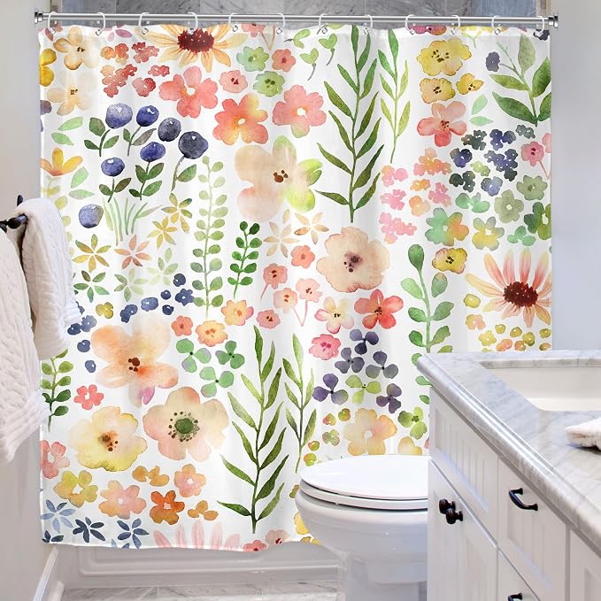 Green Yellow Floral Cute Colorful Kids Girly Bathroom Shower Curtain Set | 72"W x 72"H Botanical Plants; waterproof HD print, quick-dry fabric with 12 hooks for easy hanging.