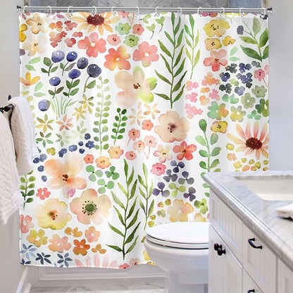 Green Yellow Floral Cute Colorful Kids Girly Bathroom Shower Curtain Set | 72"W x 72"H Botanical Plants; waterproof HD print, quick-dry fabric with 12 hooks for easy hanging.