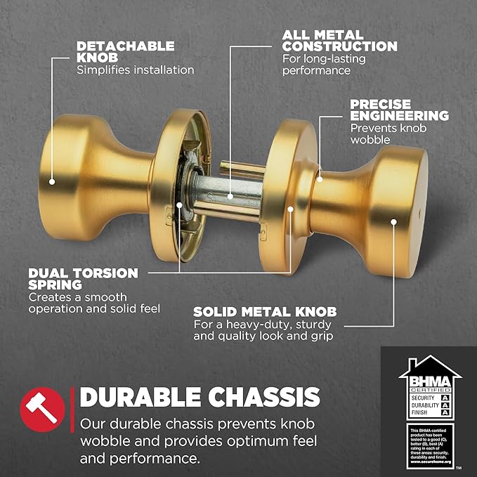 Kwikset Pismo Interior Privacy Door Knob with Lock, Door Handle for Bathroom and Bedroom, Satin Brass, Round, Keyless Turn Lock Doorknob, Microban Protection (Pack of 10)