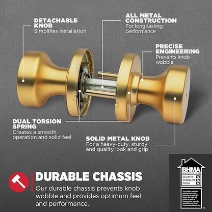 Kwikset Pismo Interior Privacy Door Knob with Lock, Door Handle for Bathroom and Bedroom, Satin Brass, Round, Keyless Turn Lock Doorknob, Microban Protection