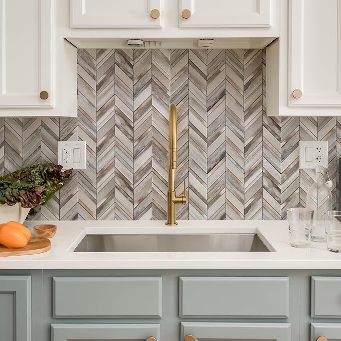 Yipscazo 10-Sheet Wood Grain Herringbone Peel and Stick Backsplash for Kitchen Walls,Heat Resistant PVC Mixed Metal Stick on Backsplash Tiles,Waterproof Peel and Stick Tile for Bathroom&Shower